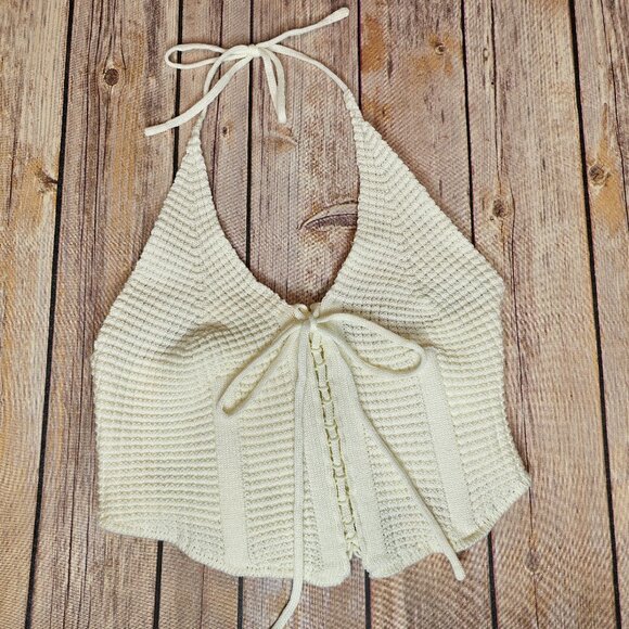 12th Tribe Amalfi Ivory Crochet Halter Tie Top Structured Boho Festival Size S - Picture 1 of 10